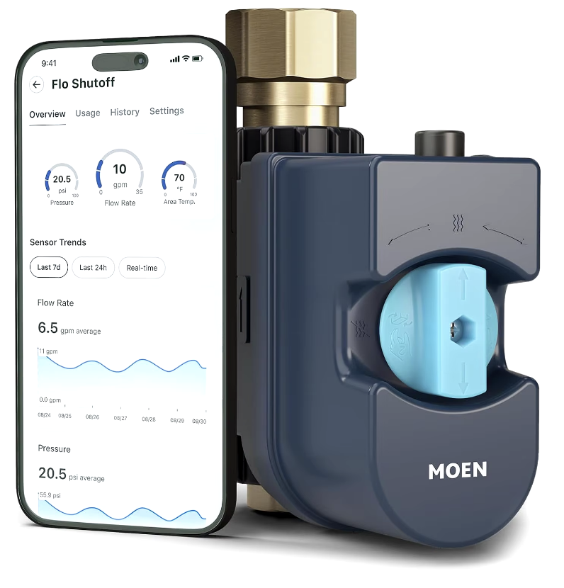 Water Capteur d'arrêt automatique, détecteur de fuite d'eau connecté Wi-Fi pour tuyau de 1 pouce de diamètre, 900-006, Flo