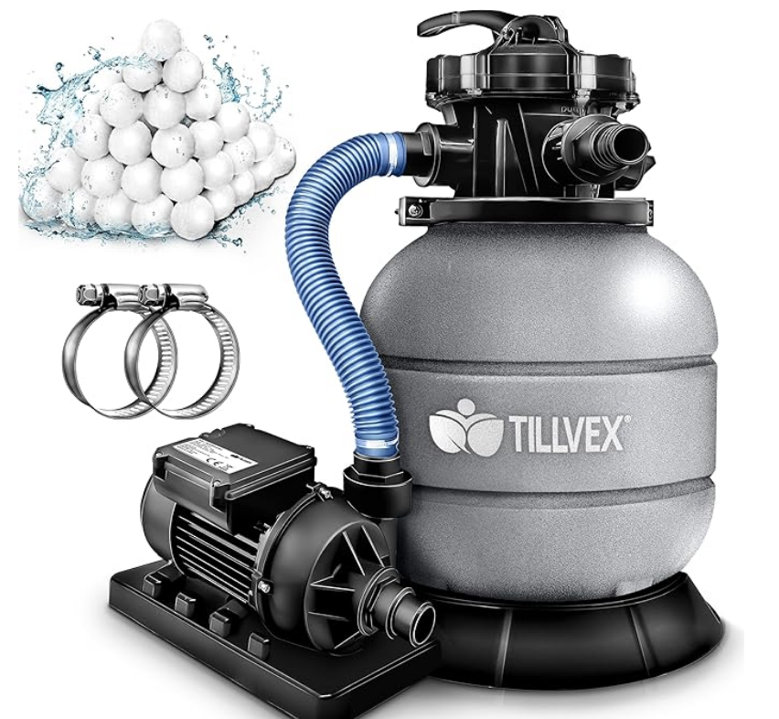 Système de Filtre à Sable tillvex®  7.900L/h + 400g Boules de Filtre | 7 Fonctions de Filtration & Adaptateur 2en1 Ø32-38mm | Filtre de piscine avec indicateur de pression (Gris) Alevin de Tilapia